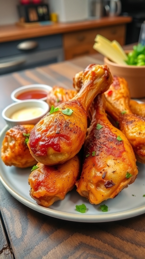 Crispy baked chicken drumsticks on a plate with herbs and dipping sauce, set on a rustic wooden table.